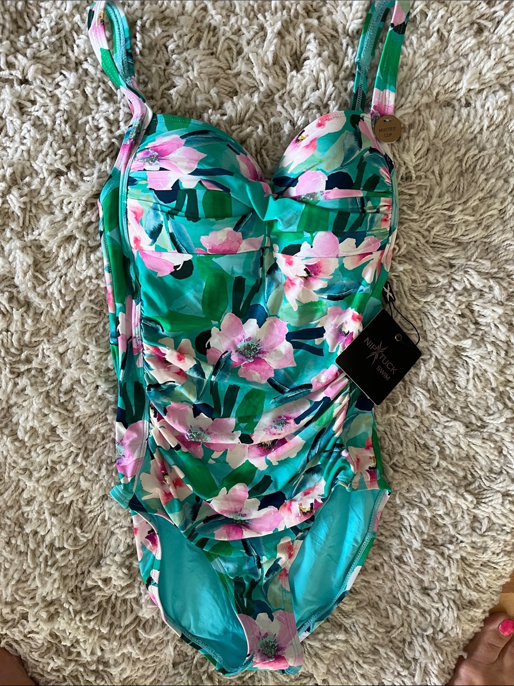 Nip Tuck Floral Ruched One-Piece Swimsuit in Green & Pink